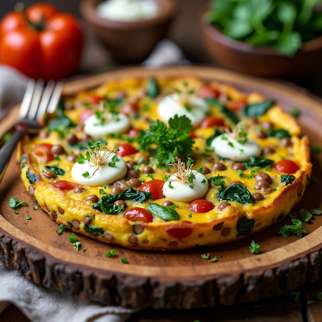 Linsen-Zwiebel-Frittata mit geschlagenem Rahm Rezept Linsen-Zwiebel-Frittata mit geschlagenem Rahm Rezept