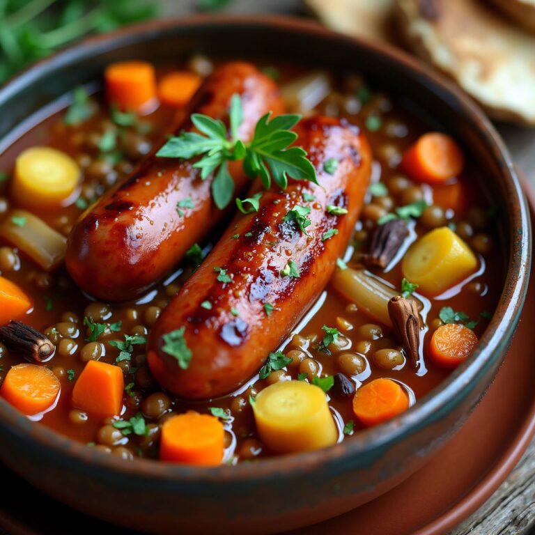 Linseneintopf mit Gemüse und Bratwurst Rezept