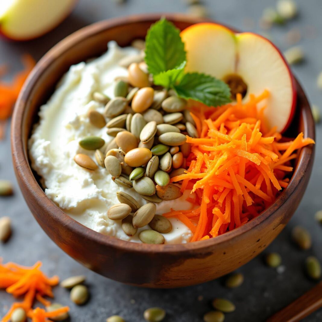 Low-Carb-Müsli mit Apfel, Karotten und Hüttenkäse Rezept Low-Carb-Müsli mit Apfel, Karotten und Hüttenkäse Rezept