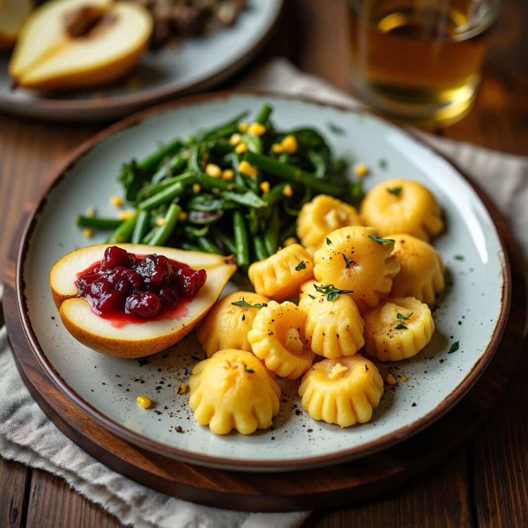 Mais-Dinkel-Knöpfli zu Gemüse und Birnenhälften Rezept Mais-Dinkel-Knöpfli zu Gemüse und Birnenhälften Rezept