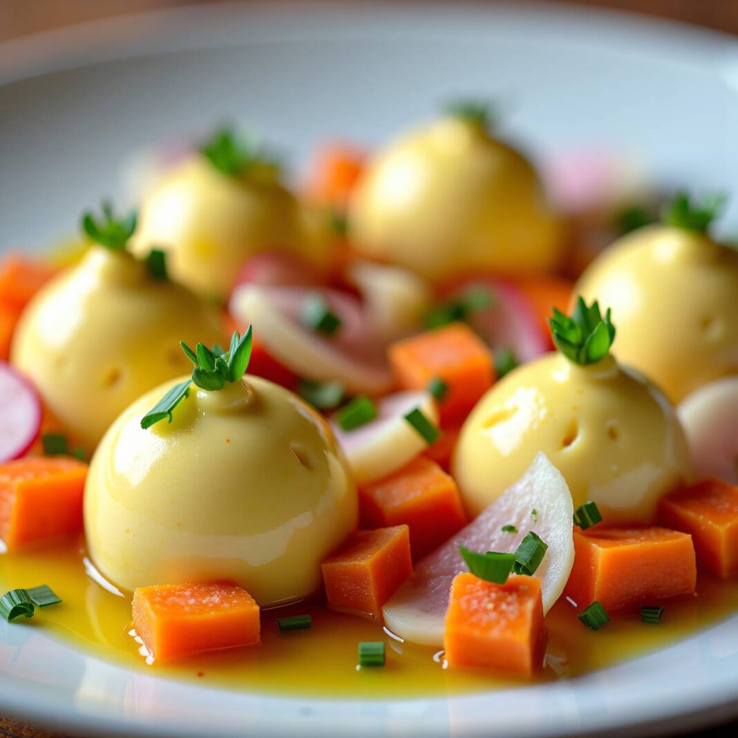 Mais-Mousse mit Gemüse-Vinaigrette Rezept Mais-Mousse mit Gemüse-Vinaigrette Rezept