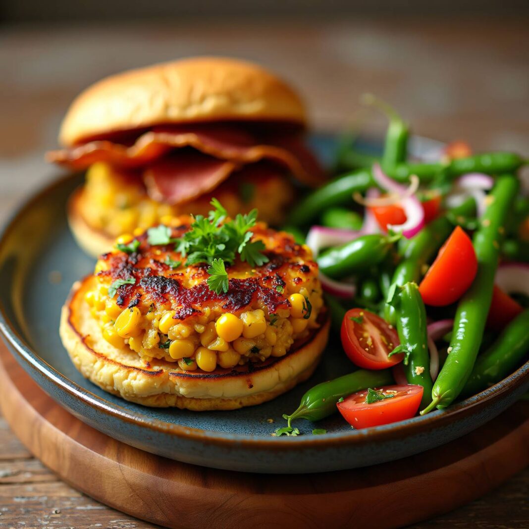 Mais-Speck-Burger auf Bohnensalat Rezept Mais-Speck-Burger auf Bohnensalat Rezept