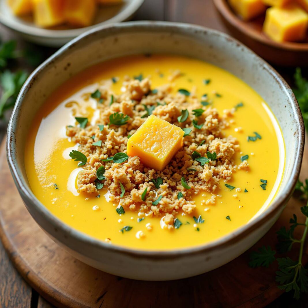 Mais-Suppe mit Kräuter-Streuseln Rezept Mais-Suppe mit Kräuter-Streuseln Rezept