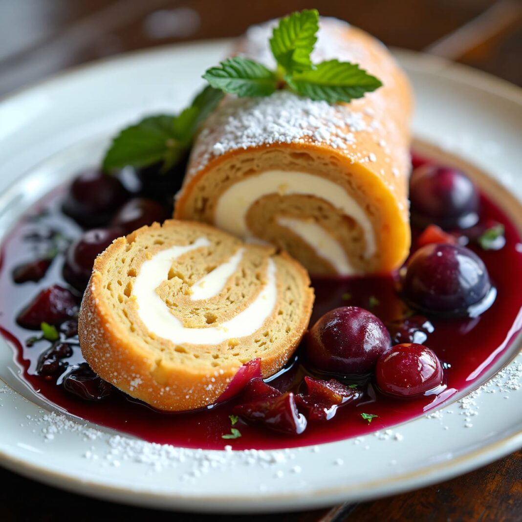 Mandelroulade mit Pflaumenkompott Rezept Mandelroulade mit Pflaumenkompott Rezept
