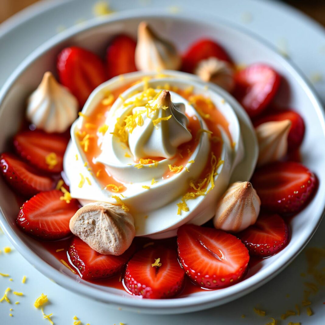 Marinierte Erdbeeren mit Sahne und Baiser Rezept Marinierte Erdbeeren mit Sahne und Baiser Rezept