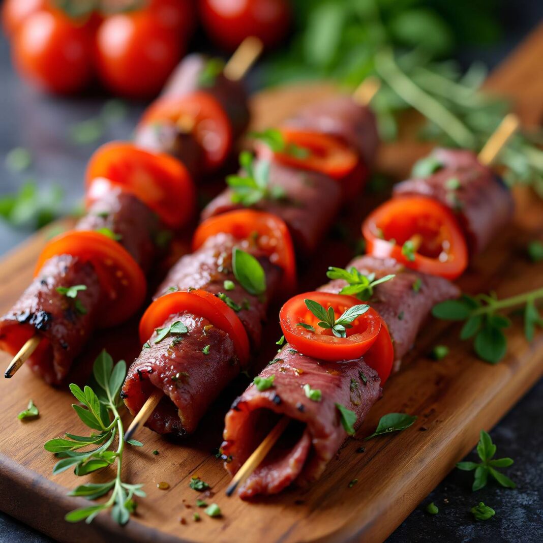 Marinierte Fleisch-Tomaten-Röschen vom Grill Rezept Marinierte Fleisch-Tomaten-Röschen vom Grill Rezept