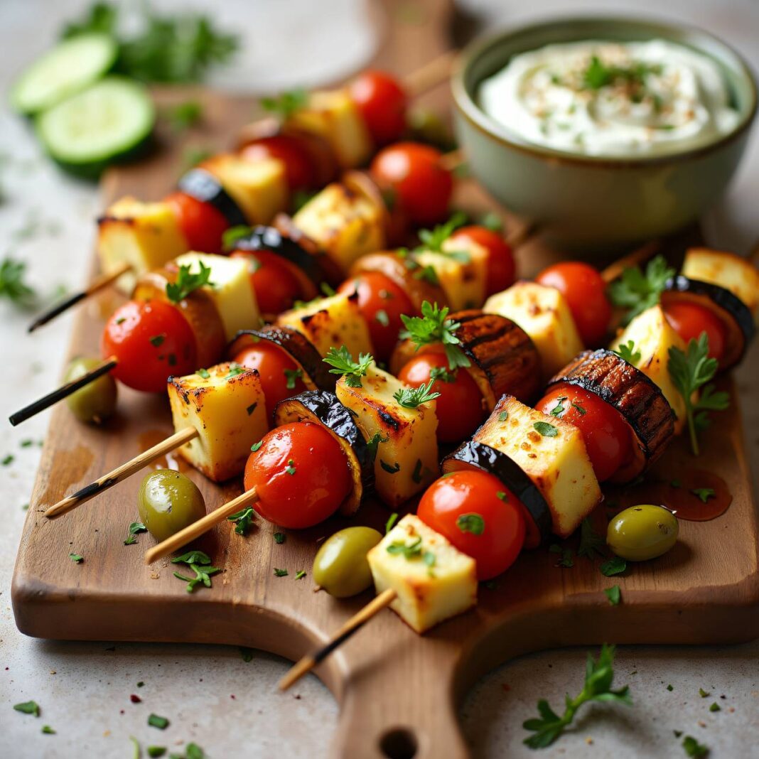 Marinierte Gemüse-Spieße vom Grill mit Dip Rezept Marinierte Gemüse-Spieße vom Grill mit Dip Rezept