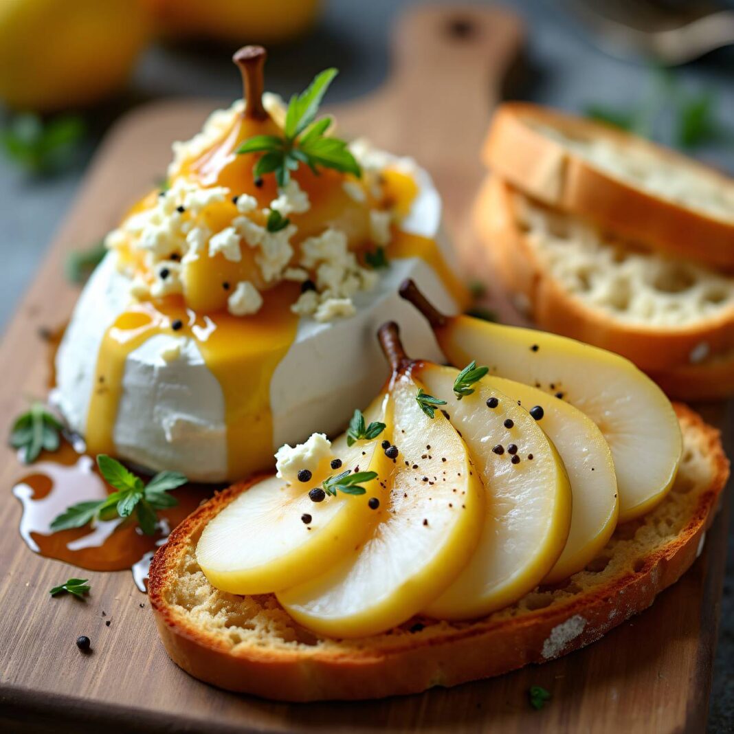 Marinierter Frischkäse mit Birne und Croûtons Rezept Marinierter Frischkäse mit Birne und Croûtons Rezept