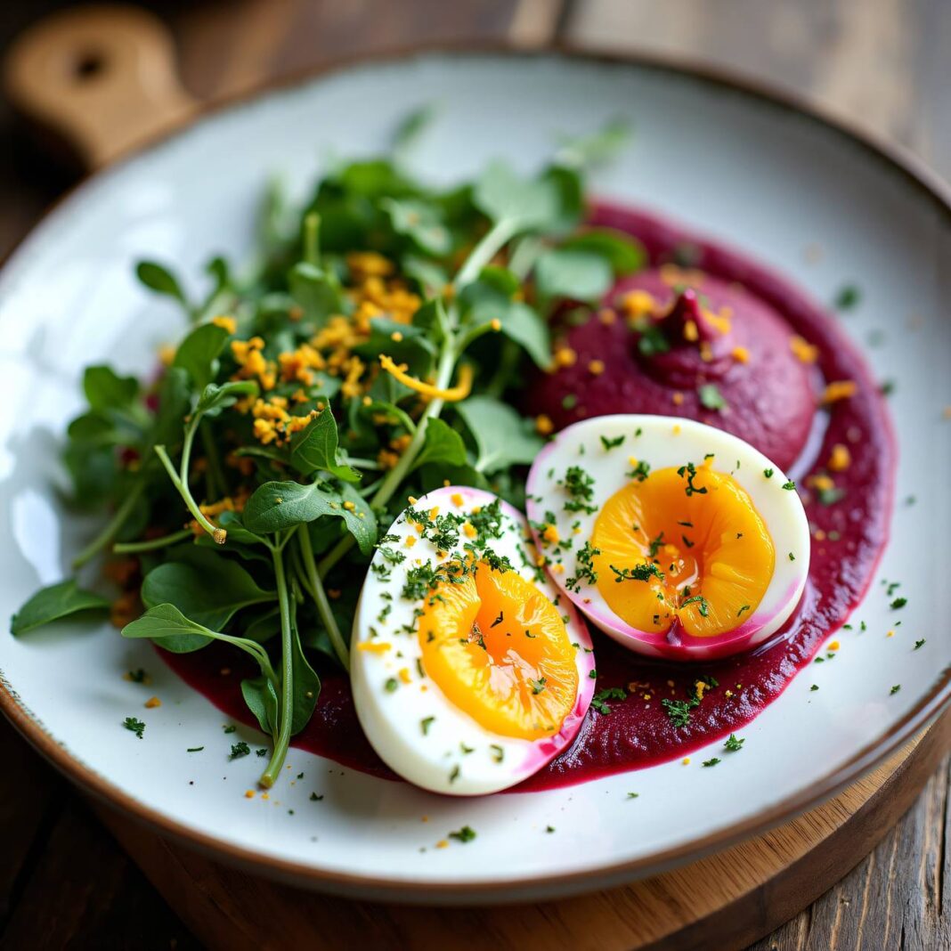 Marmorierte Eier mit Rote-Bete-Kresse-Schaum Rezept Marmorierte Eier mit Rote-Bete-Kresse-Schaum Rezept