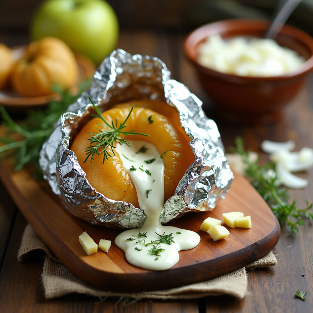 Matjes an Crème-fraîche-Sauce in Folienkartoffeln Rezept Matjes an Crème-fraîche-Sauce in Folienkartoffeln Rezept