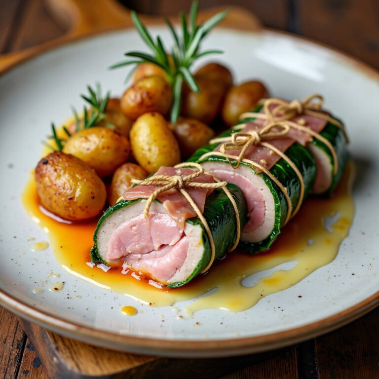 Medaillons im Schinken-Krautstielmantel mit Rohrkartoffeln Rezept