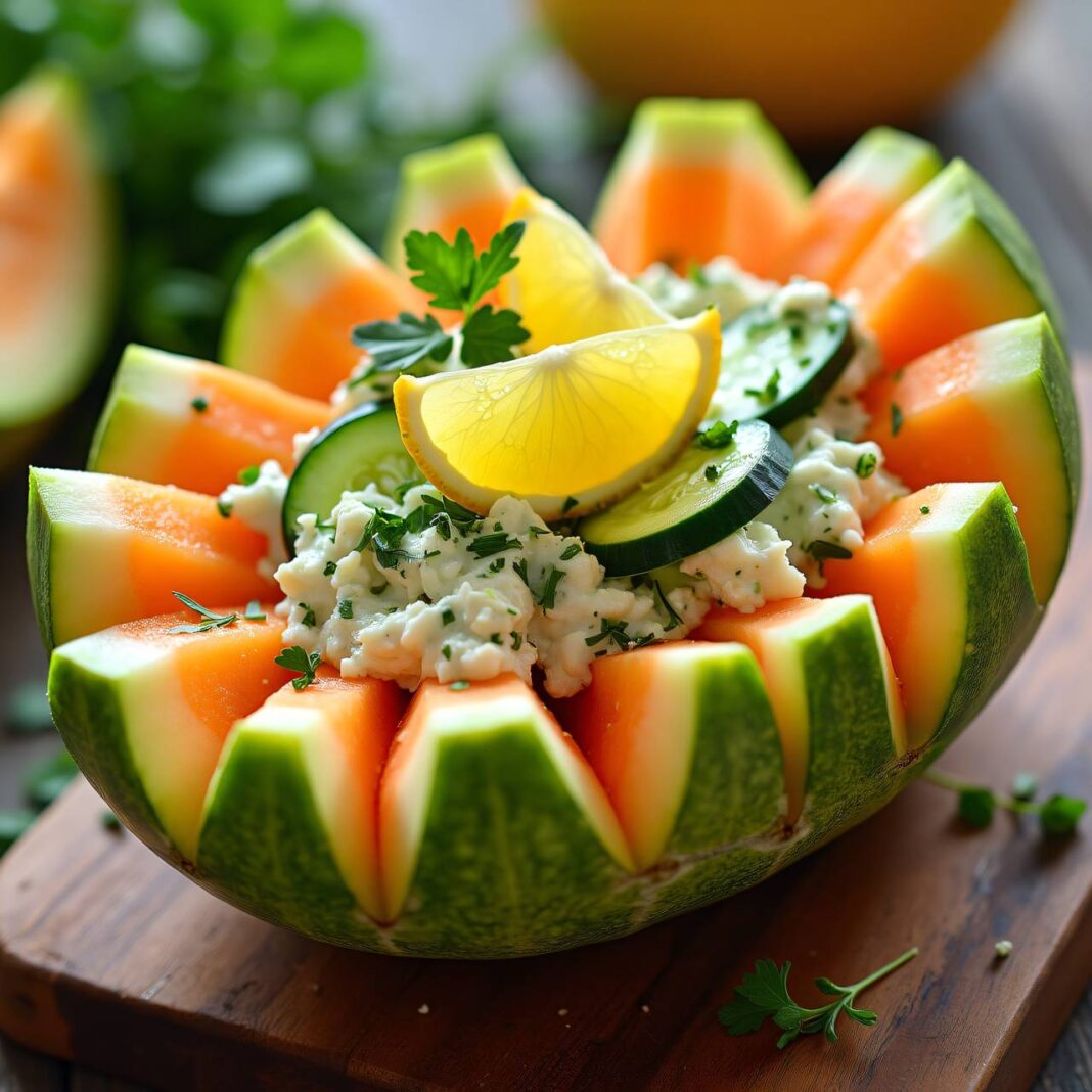 Melonen-Gurkensalat mit Estragon-Käse Rezept Melonen-Gurkensalat mit Estragon-Käse Rezept