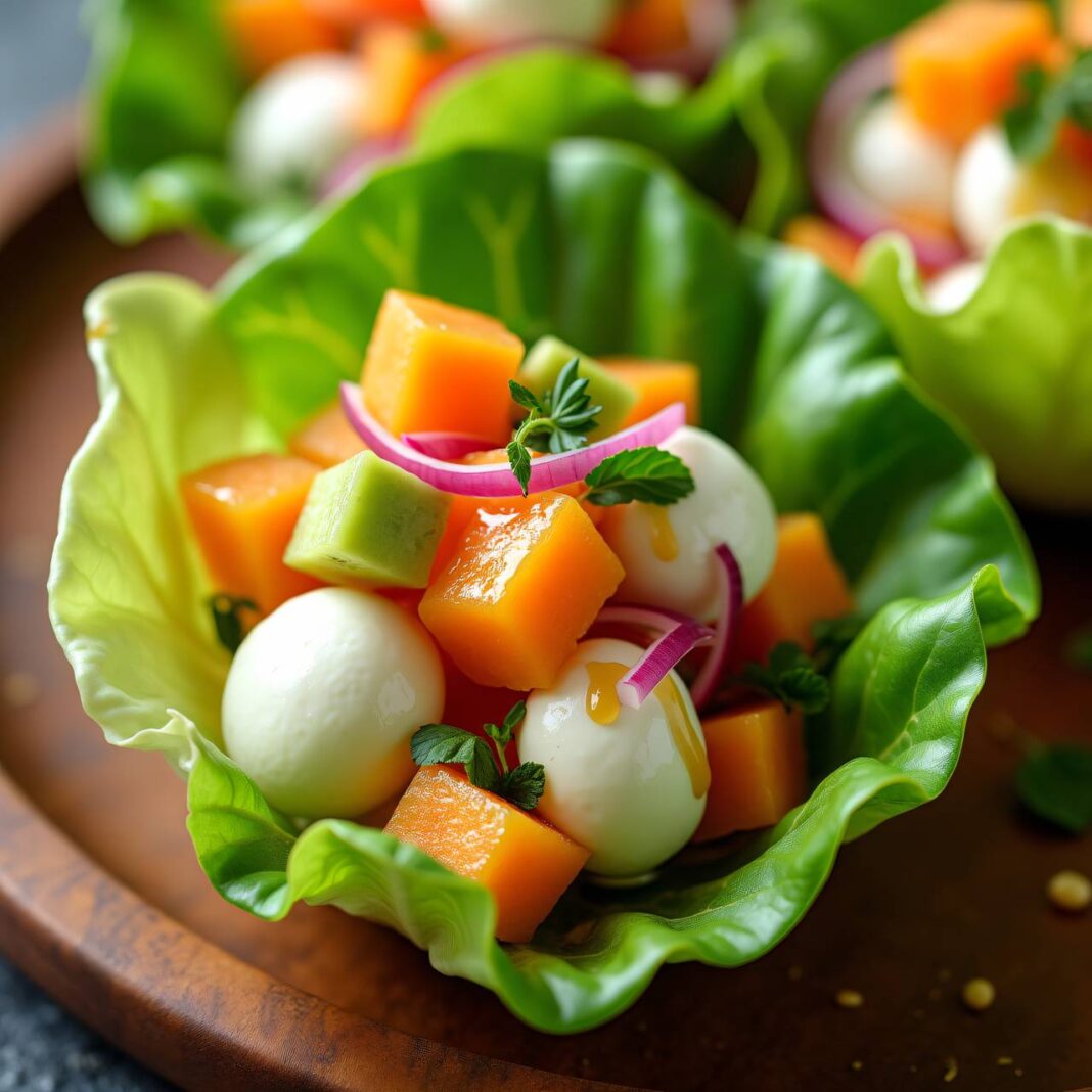 Mini-Lattich mit Melonen-Mozzarella-Salat Rezept Mini-Lattich mit Melonen-Mozzarella-Salat Rezept