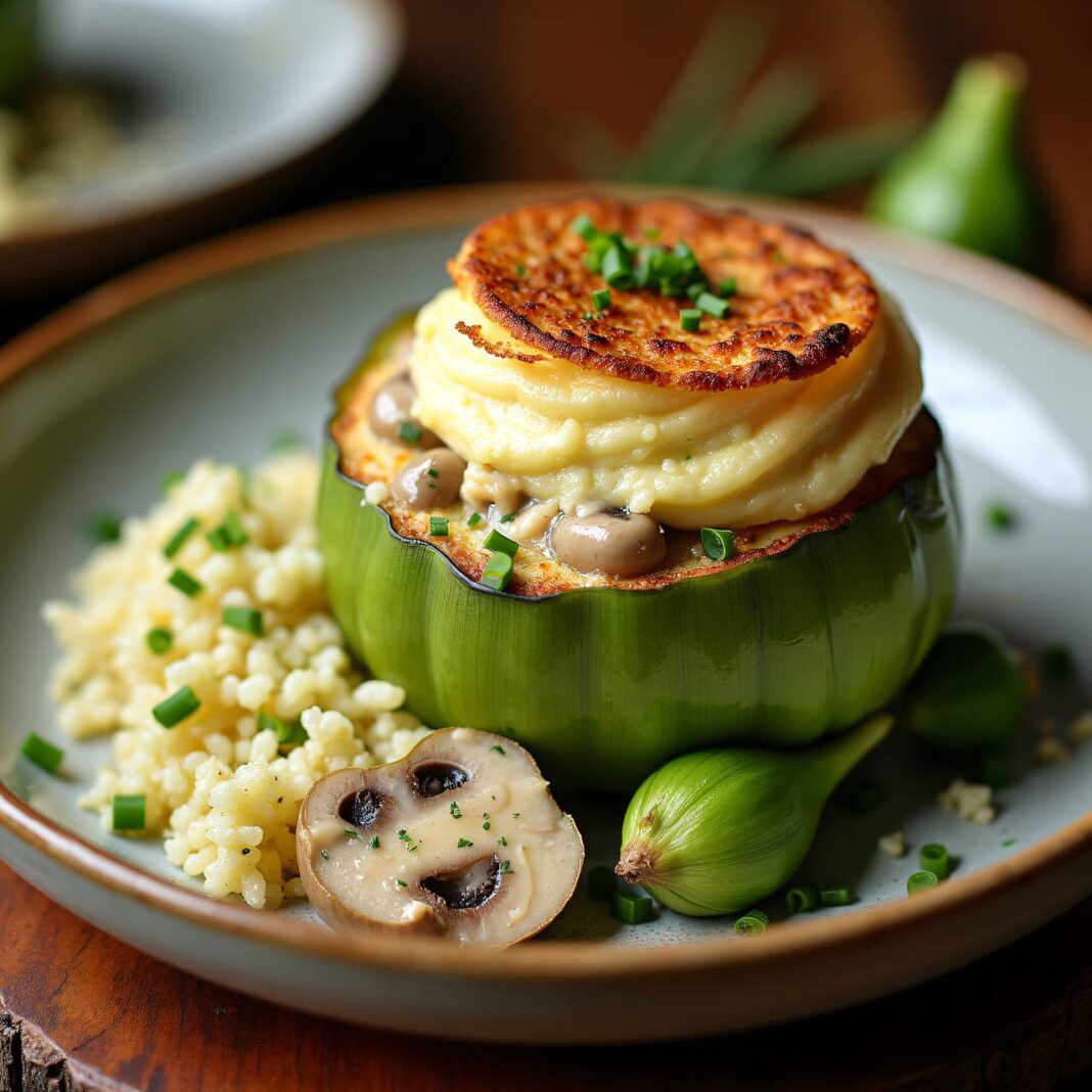 Mit Champignon-Lauch-Soufflé gefüllte Kohlrabi und Couscous Rezept Mit Champignon-Lauch-Soufflé gefüllte Kohlrabi und Couscous Rezept