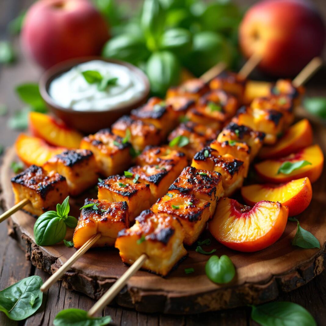 Nektarinen-Fleischspiessli mit Basilikumsauce Rezept Nektarinen-Fleischspiessli mit Basilikumsauce Rezept