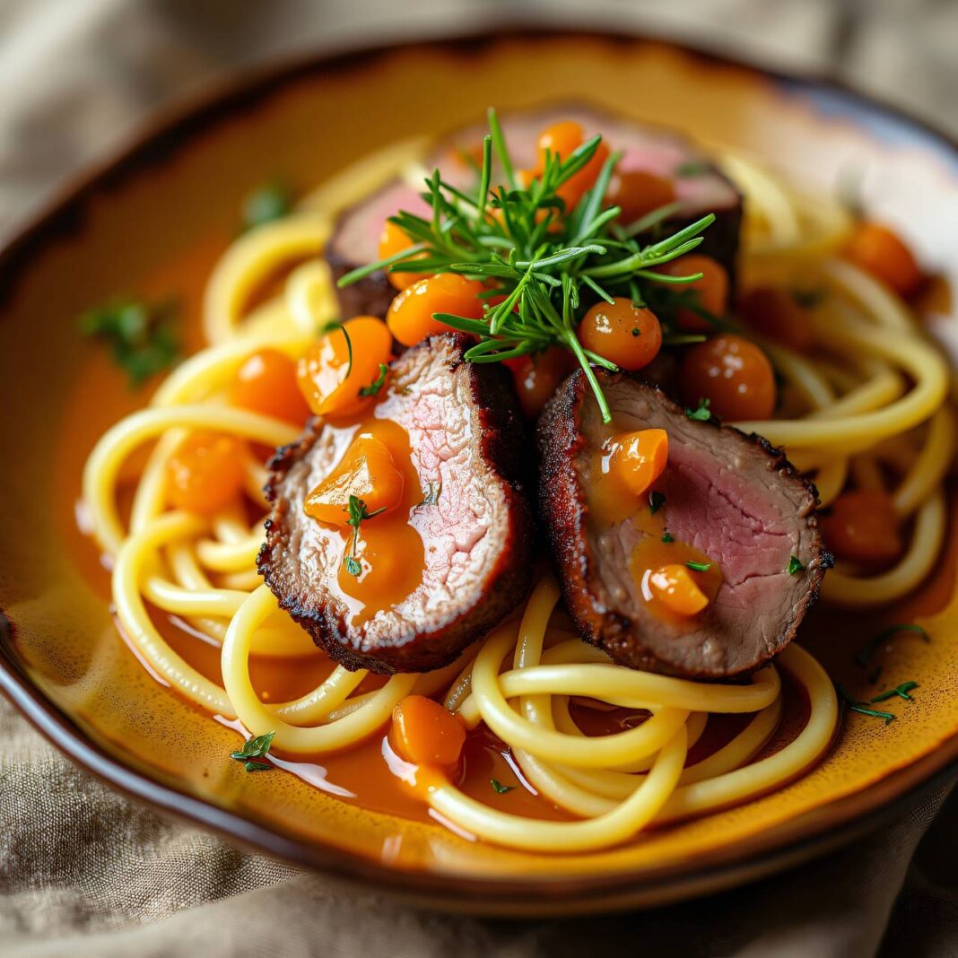 Nudeln mit Aprikosensauce und Kalbfleisch Rezept Nudeln mit Aprikosensauce und Kalbfleisch Rezept