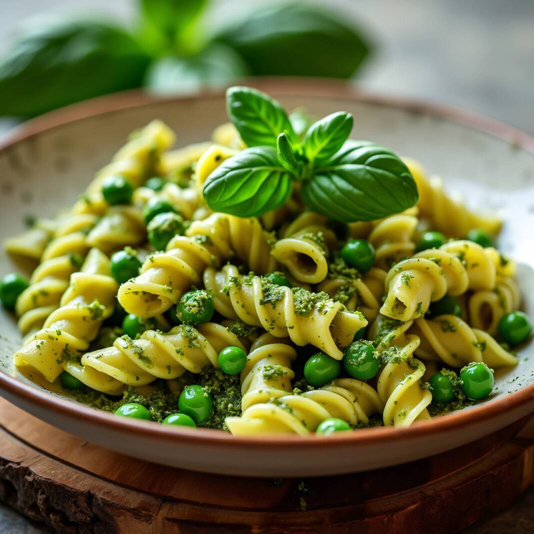 Nudeln mit Basilikumpesto-Erbsen-Sauce Rezept Nudeln mit Basilikumpesto-Erbsen-Sauce Rezept