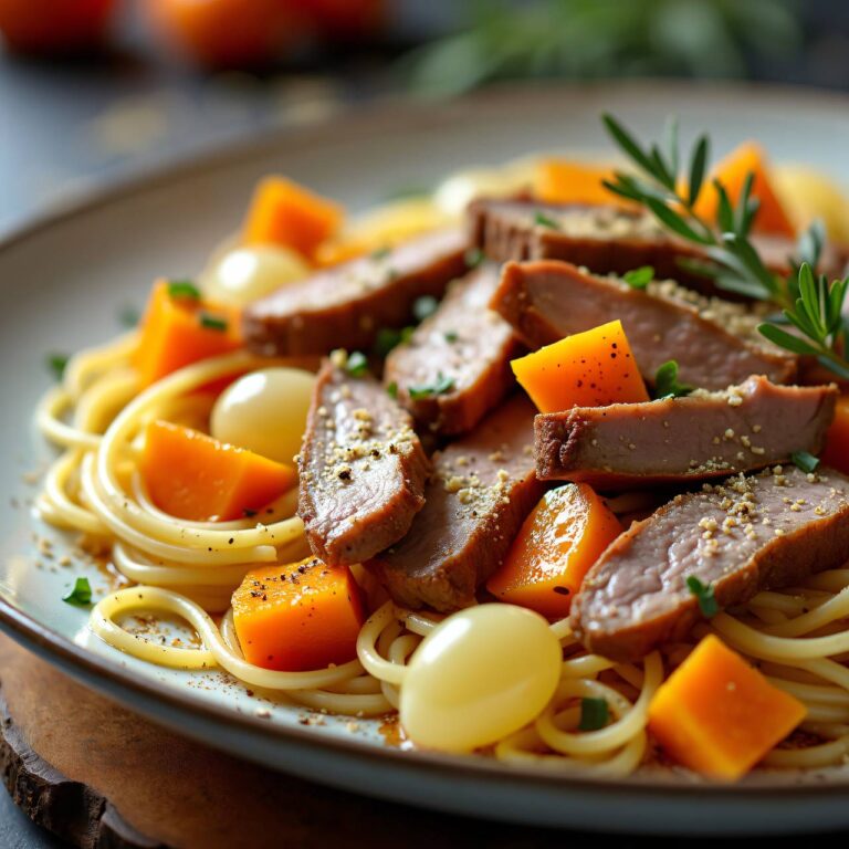 Nudeln mit herbstlichem Fleischgericht Rezept