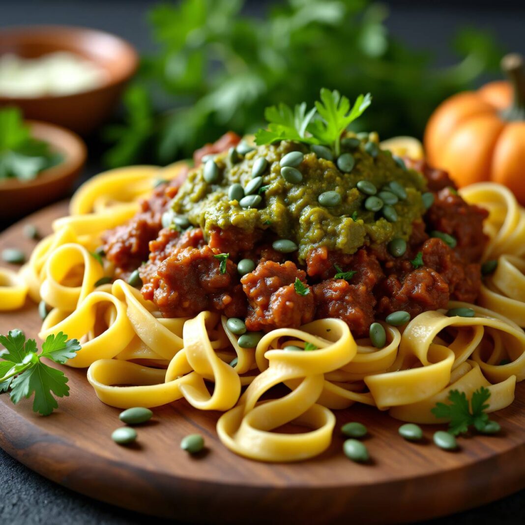 Nudeln mit Kalbfleischsauce und Kürbiskernpesto Rezept Nudeln mit Kalbfleischsauce und Kürbiskernpesto Rezept