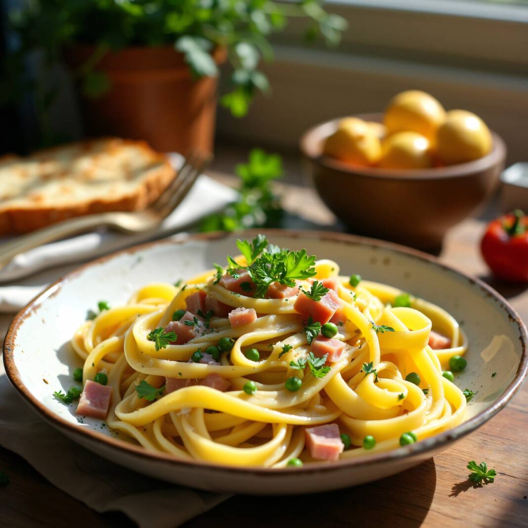Nudeln mit Schinken-Käse-Sauce und Erbsen Rezept Nudeln mit Schinken-Käse-Sauce und Erbsen Rezept