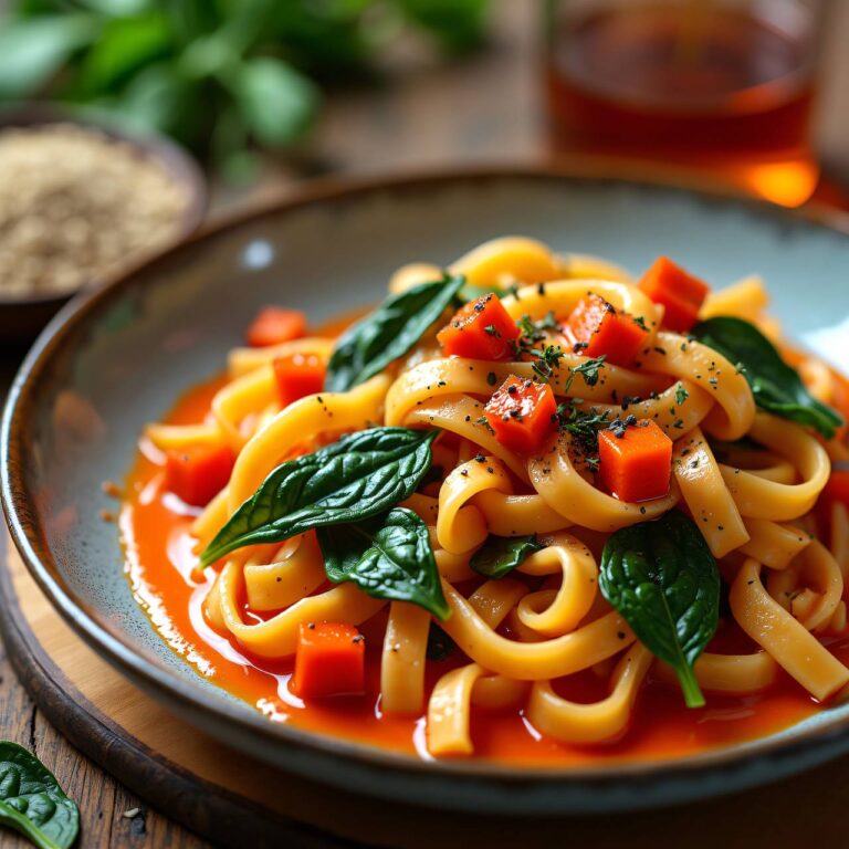 Nudeln mit Spinat an Paprikasauce Rezept