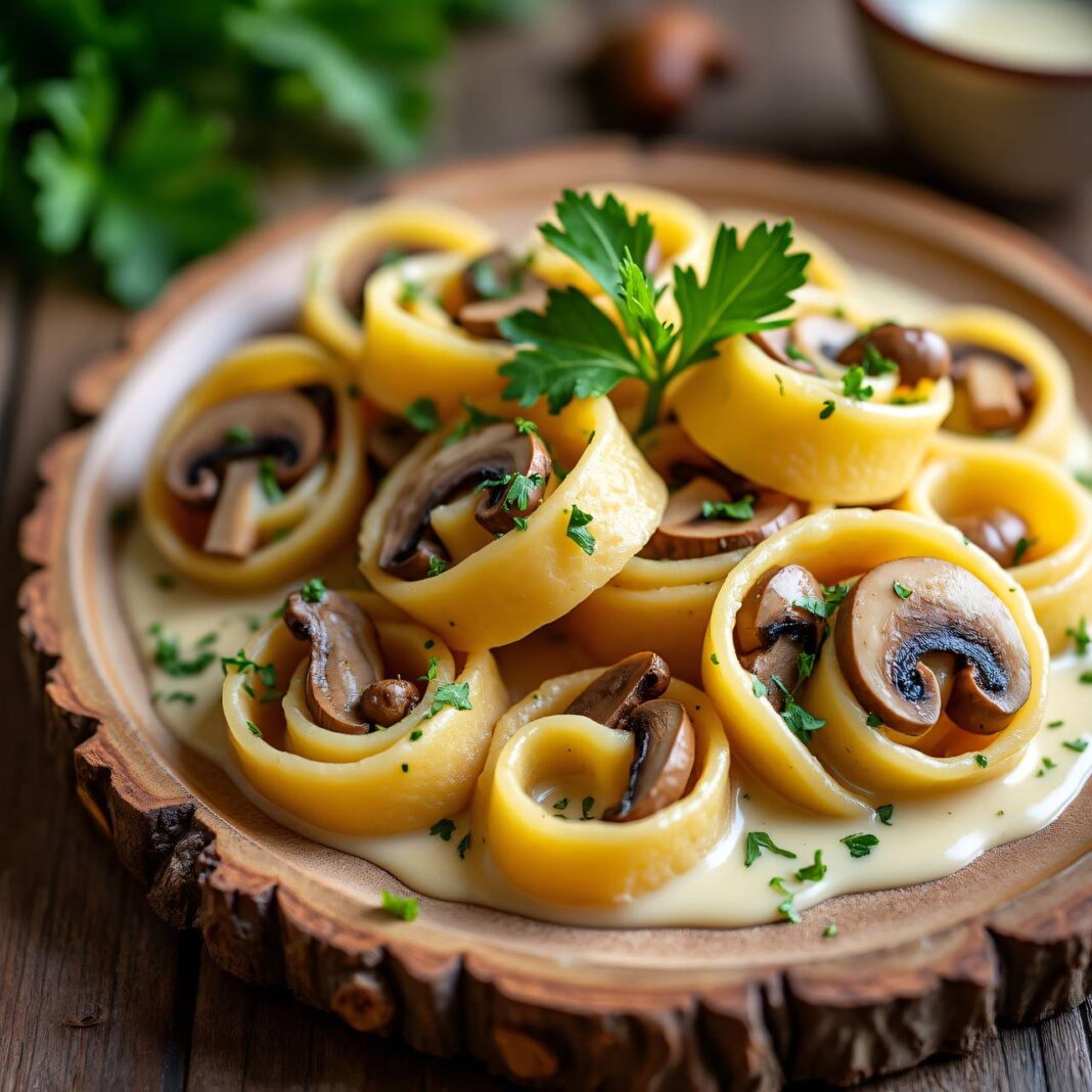 Nudelnschnecken mit Pilzfüllung an Frischkäsesauce Rezept Nudelnschnecken mit Pilzfüllung an Frischkäsesauce Rezept