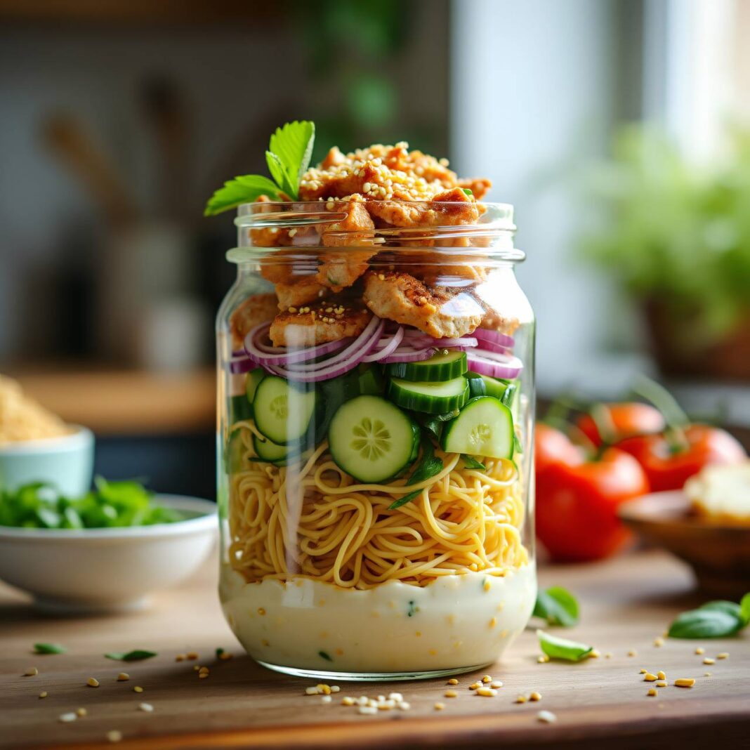 Nudelsalat im Glas mit Hühner Rezept Nudelsalat im Glas mit Hühner Rezept