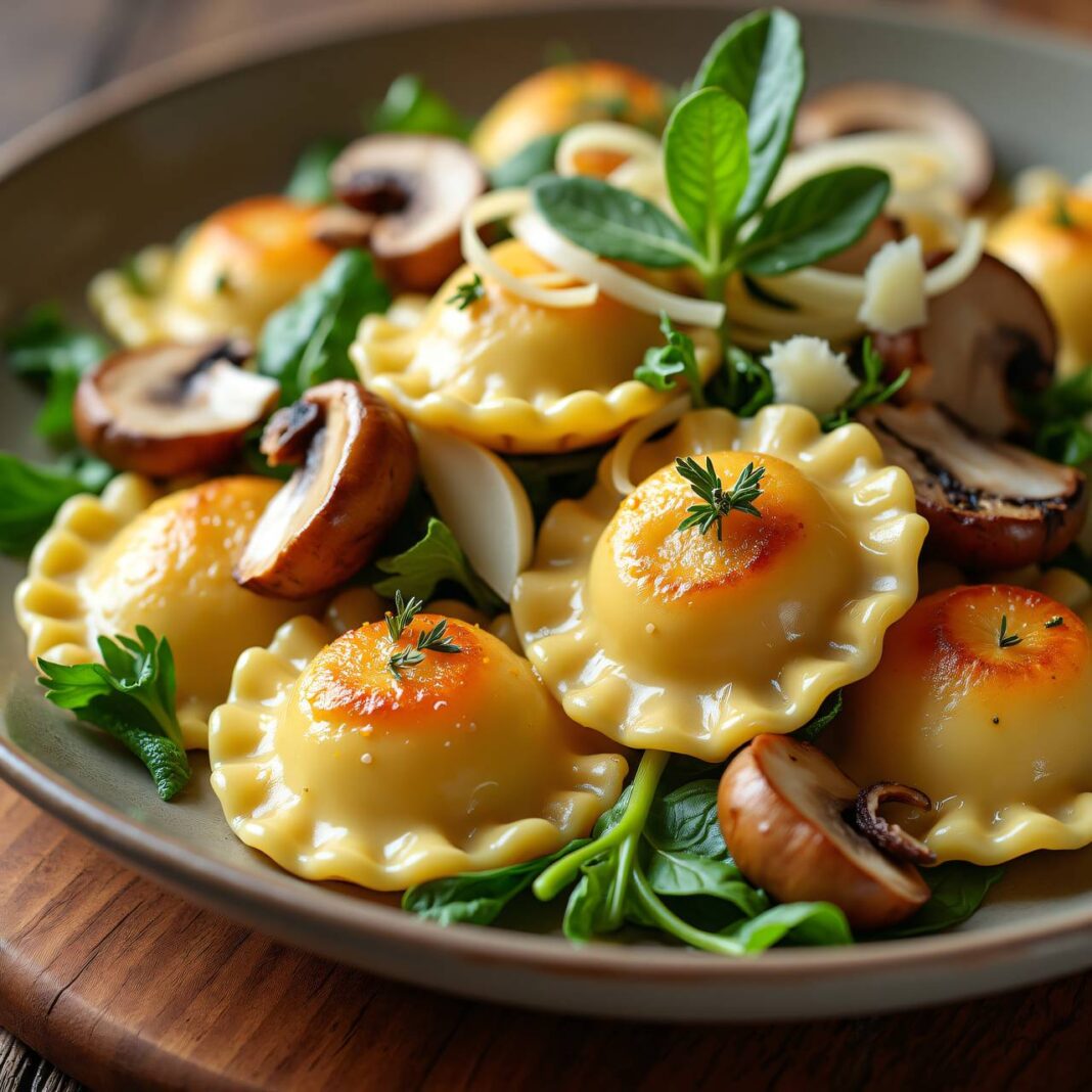 Nuss-Käse-Ravioli mit Pilz-Gemüse Rezept Nuss-Käse-Ravioli mit Pilz-Gemüse Rezept