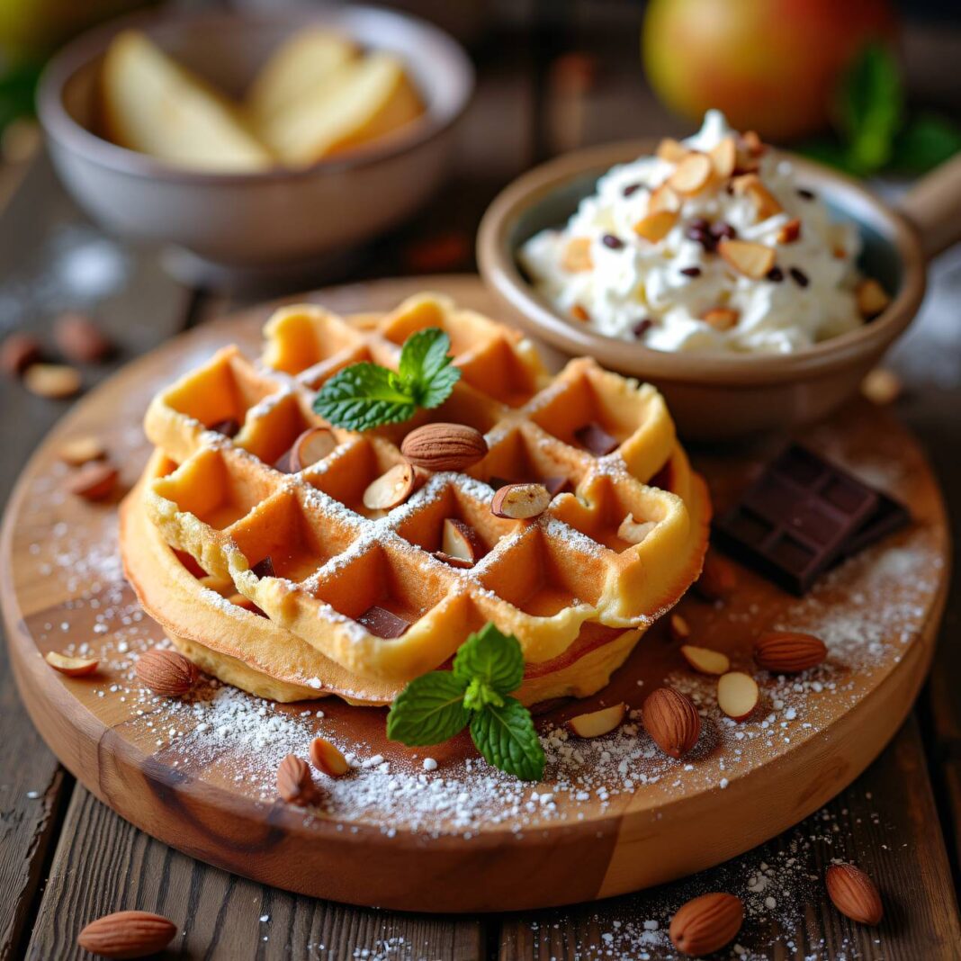 Nussige Mandelwaffeln mit Birnen-Schokolade-Hüttenkäse Rezept Nussige Mandelwaffeln mit Birnen-Schokolade-Hüttenkäse Rezept