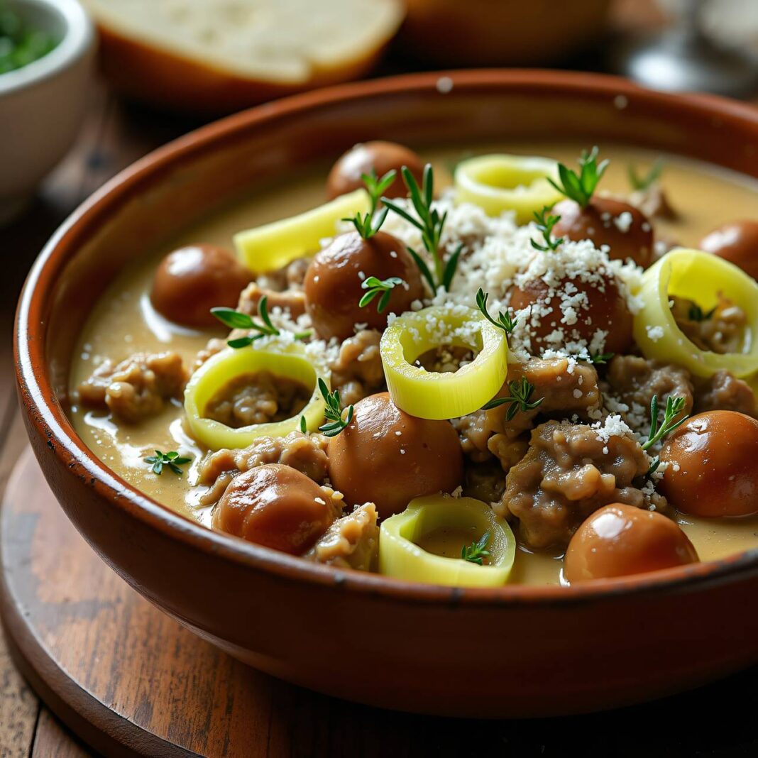 Obers-Hackfleisch mit Maroni und Lauch Rezept Obers-Hackfleisch mit Maroni und Lauch Rezept