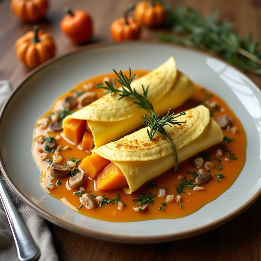 Omelettenwickel mit Kürbis an Pilzsauce Rezept Omelettenwickel mit Kürbis an Pilzsauce Rezept