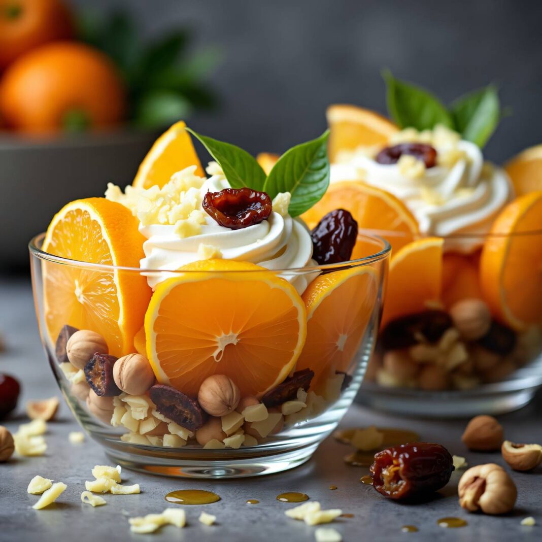 Orangen-Nuss-Salat mit weißem Schokoladenrahm Rezept Orangen-Nuss-Salat mit weißem Schokoladenrahm Rezept
