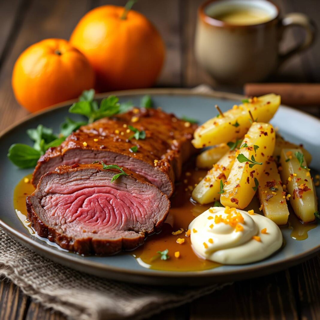 Orangen-Roastbeef mit Lauch-Kartoffel-Schnitzen Rezept Orangen-Roastbeef mit Lauch-Kartoffel-Schnitzen Rezept