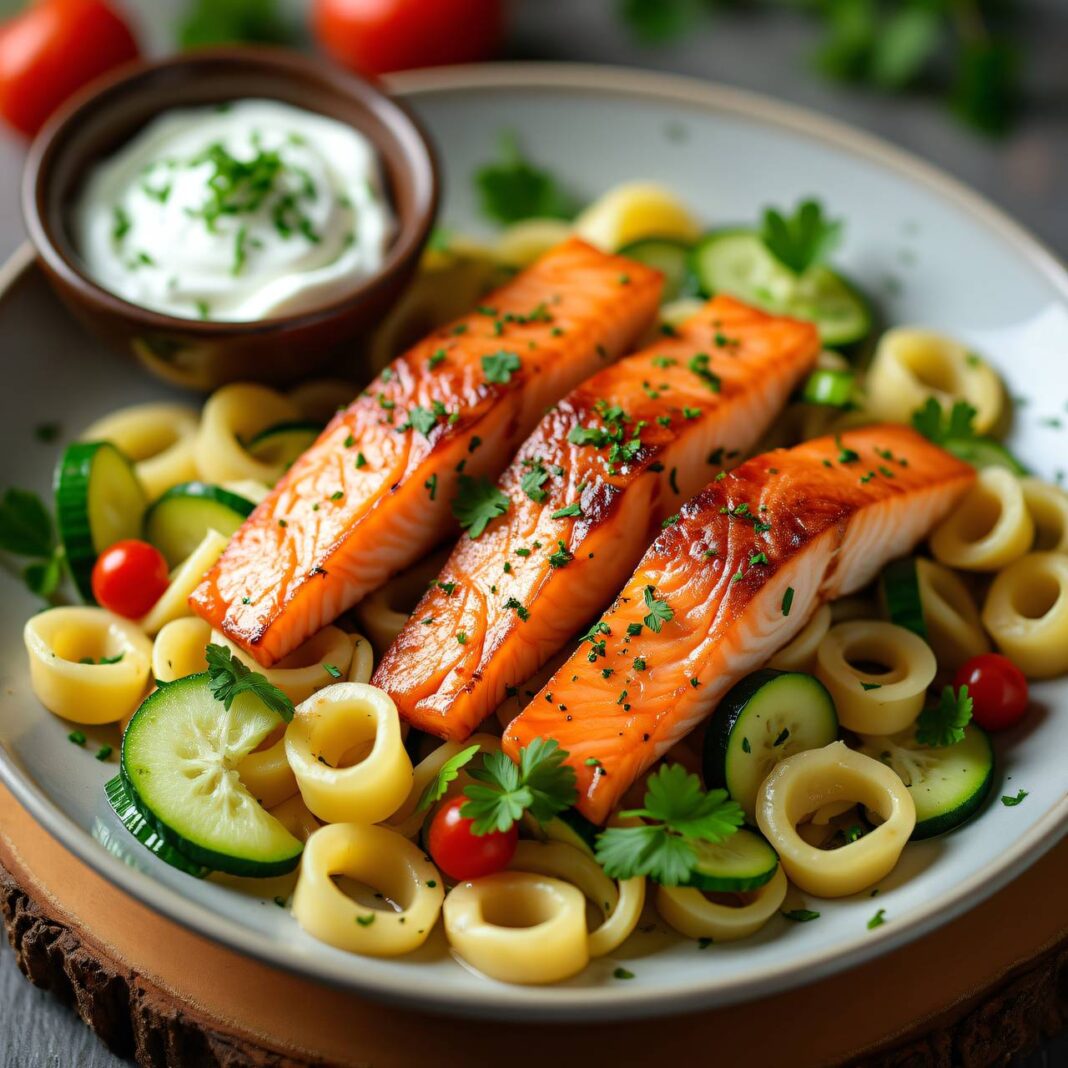 Orecchiette-Gemüse-Salat mit marinierten Fischen Rezept Orecchiette-Gemüse-Salat mit marinierten Fischen Rezept