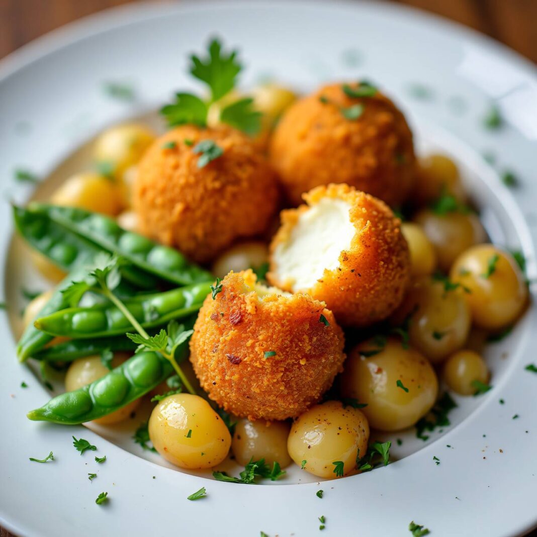 Panierte Mozzarella mit Kartoffeln und Erbsen Rezept Panierte Mozzarella mit Kartoffeln und Erbsen Rezept