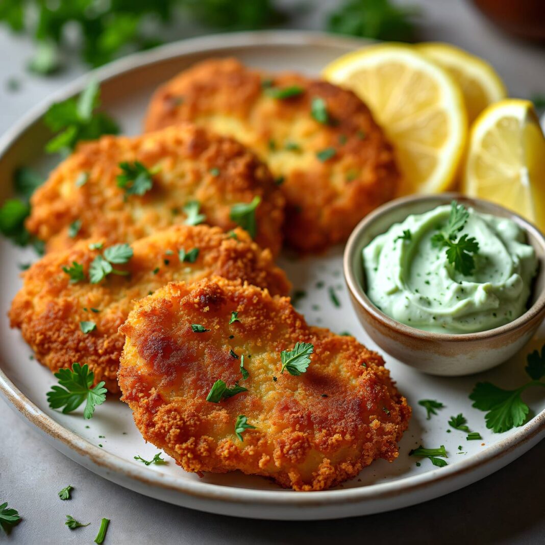 Panierte Schnitzel mit Kräuter-Crème-fraîche Rezept Panierte Schnitzel mit Kräuter-Crème-fraîche Rezept