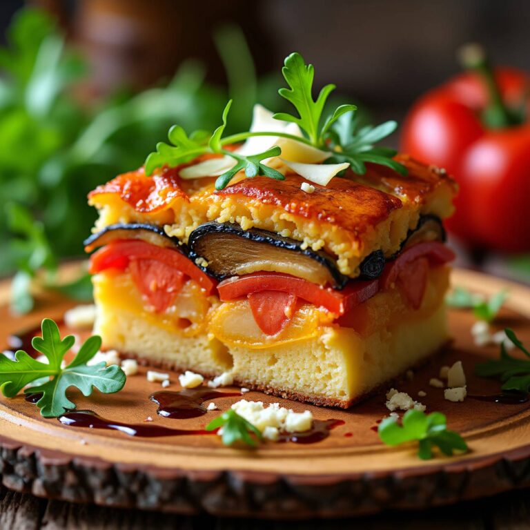 Paprika-Auberginen-Kuchen mit Hobelkäse und Rucola Rezept