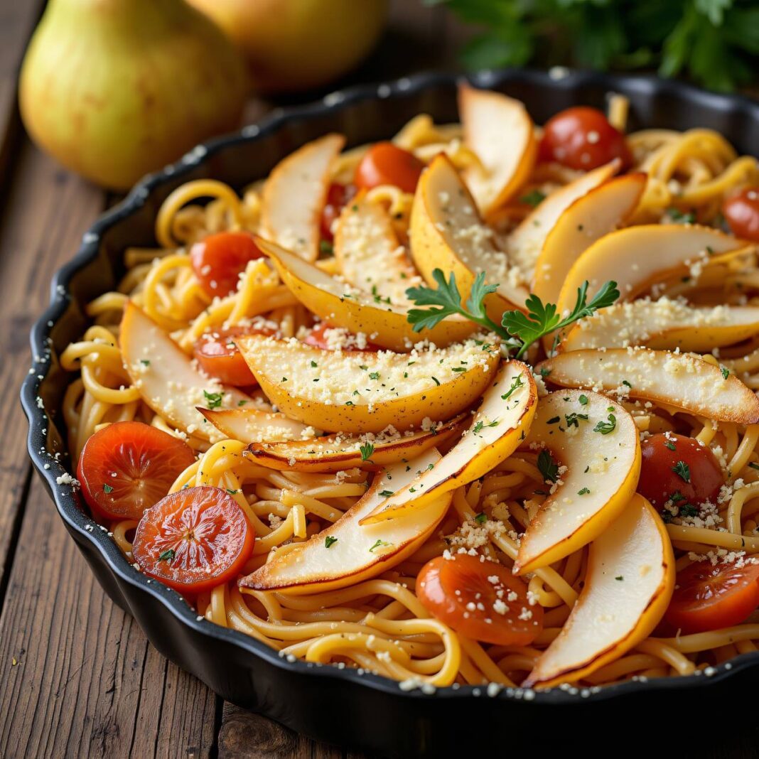 Pasta mit Birne und Zwiebel Rezept Pasta mit Birne und Zwiebel Rezept