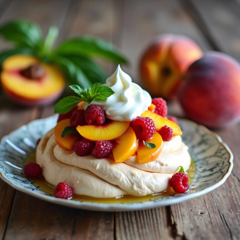 Pavlova mit Pfirsich-Kompott Rezept