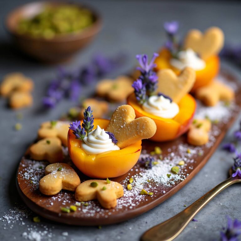 Pfirsich mit Lavendelrahm und Buttergebäck Rezept