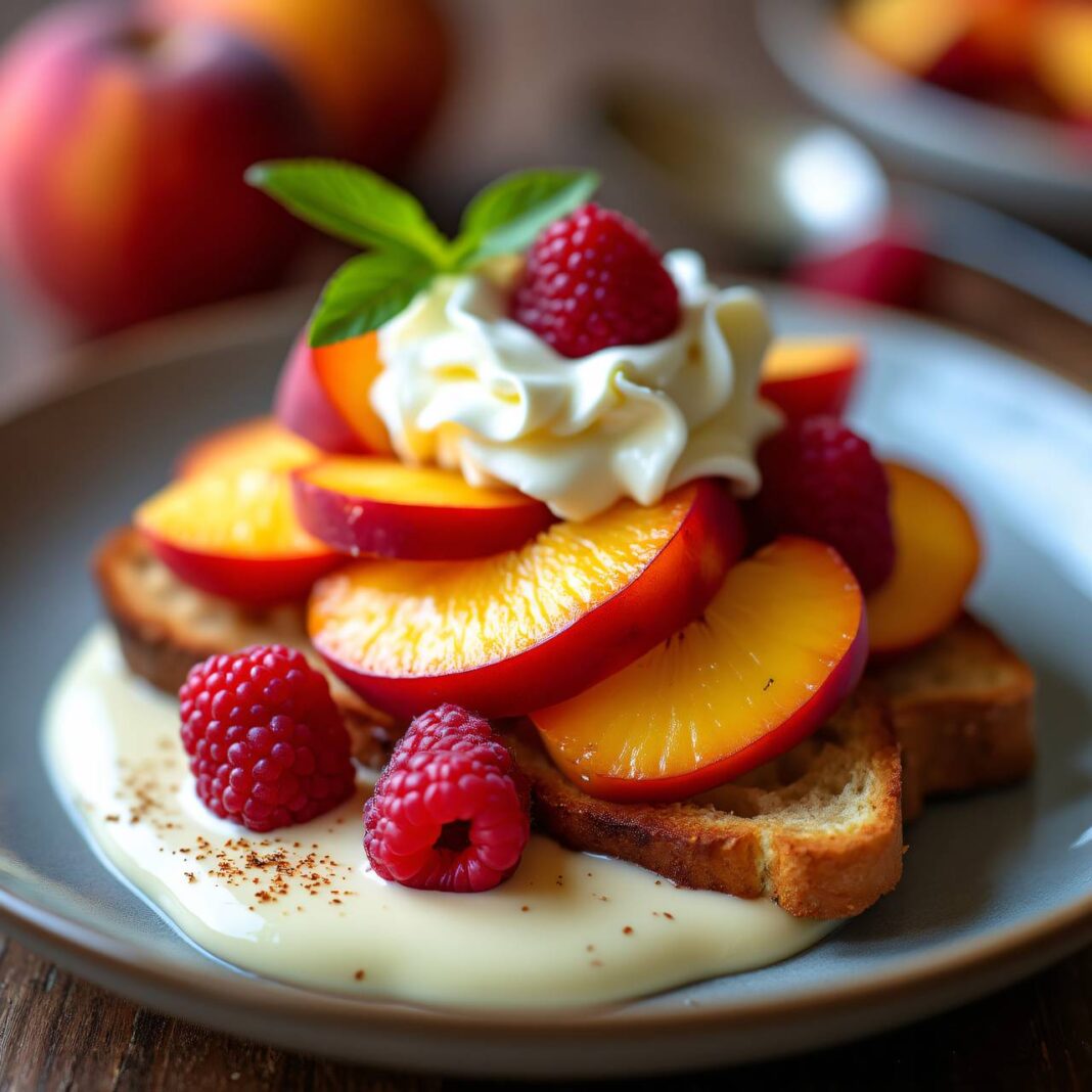 Pfirsich-Schnitten mit Vanille-Crème-fraîche Rezept Pfirsich-Schnitten mit Vanille-Crème-fraîche Rezept