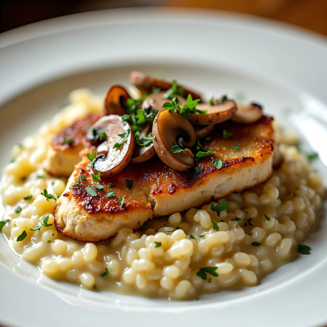 Piccata mit Pilz-Schinken-Belag und Weißweinrisotto Rezept Piccata mit Pilz-Schinken-Belag und Weißweinrisotto Rezept