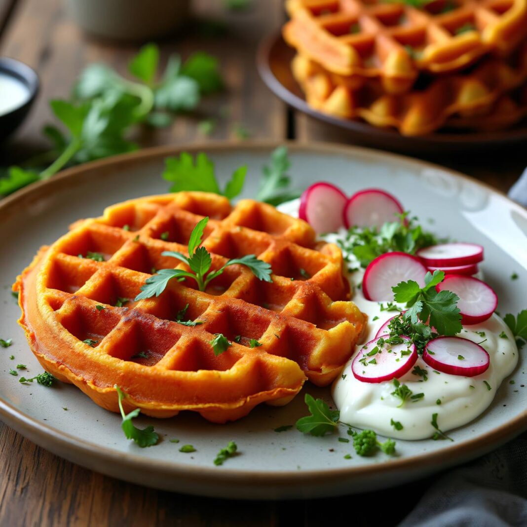 Pikante Süßkartoffelwaffeln mit Kräuterquark Rezept Pikante Süßkartoffelwaffeln mit Kräuterquark Rezept