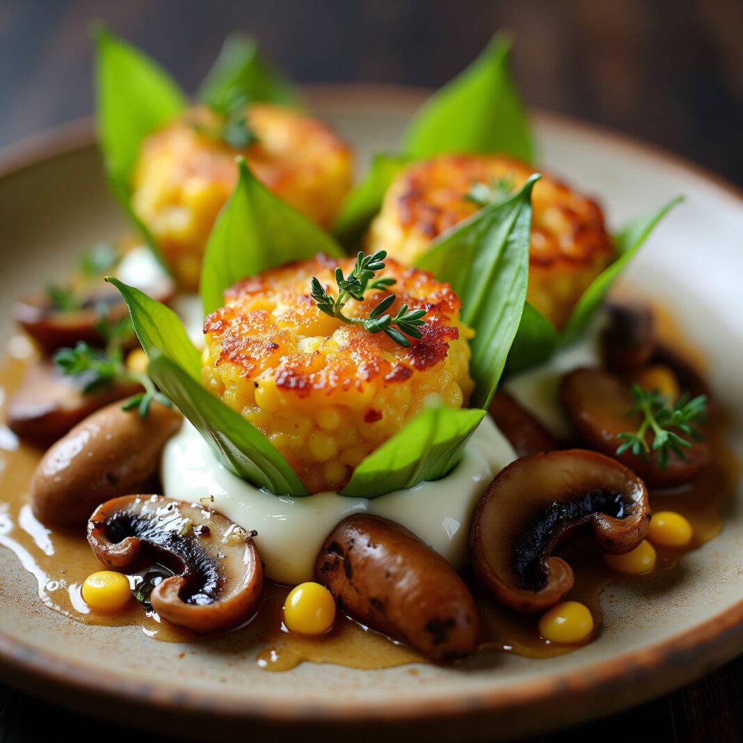 Pilze und Maisküchlein mit Schaumsoße Rezept Pilze und Maisküchlein mit Schaumsoße Rezept