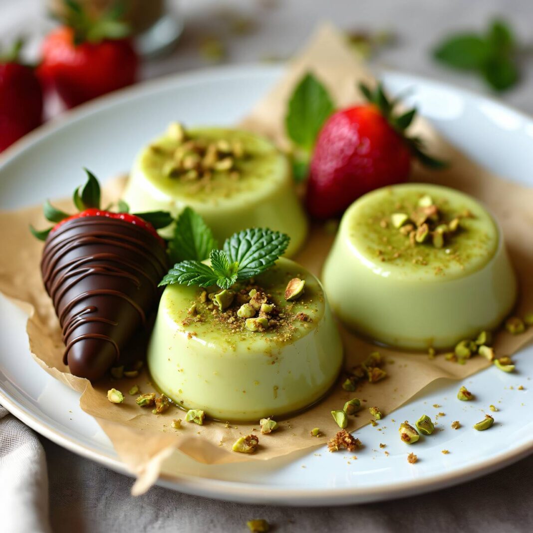 Pistazien-Flans mit Schokoladen-Erdbeeren Rezept Pistazien-Flans mit Schokoladen-Erdbeeren Rezept