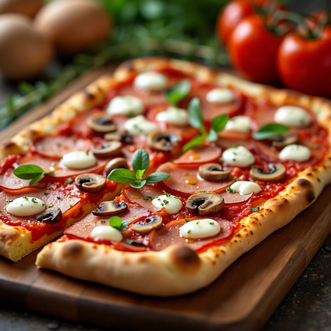 Pizza funghi mit Schinken und Frischkäse Rezept Pizza funghi mit Schinken und Frischkäse Rezept