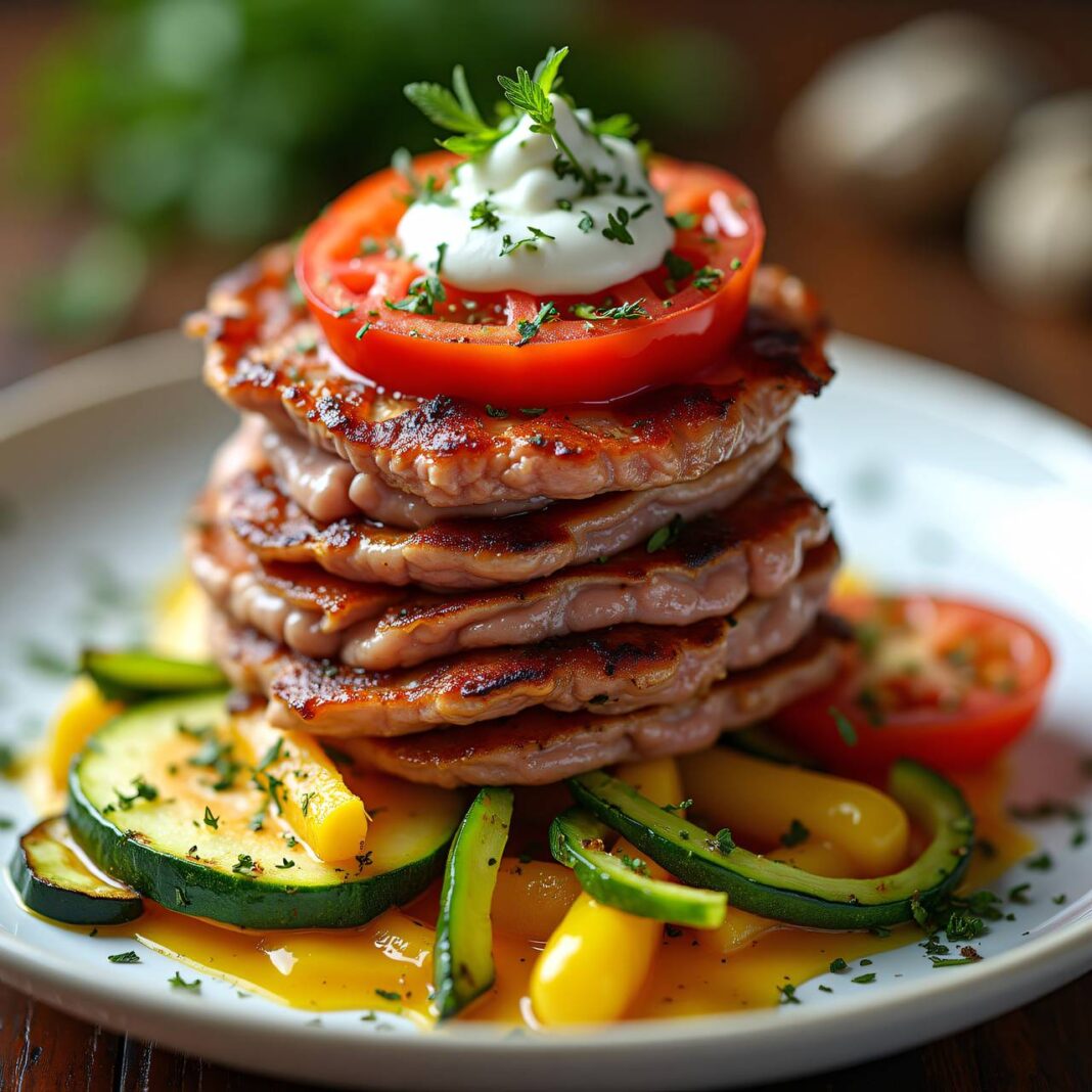 Plätzli-Tomaten-Turm auf Gemüse Rezept Plätzli-Tomaten-Turm auf Gemüse Rezept
