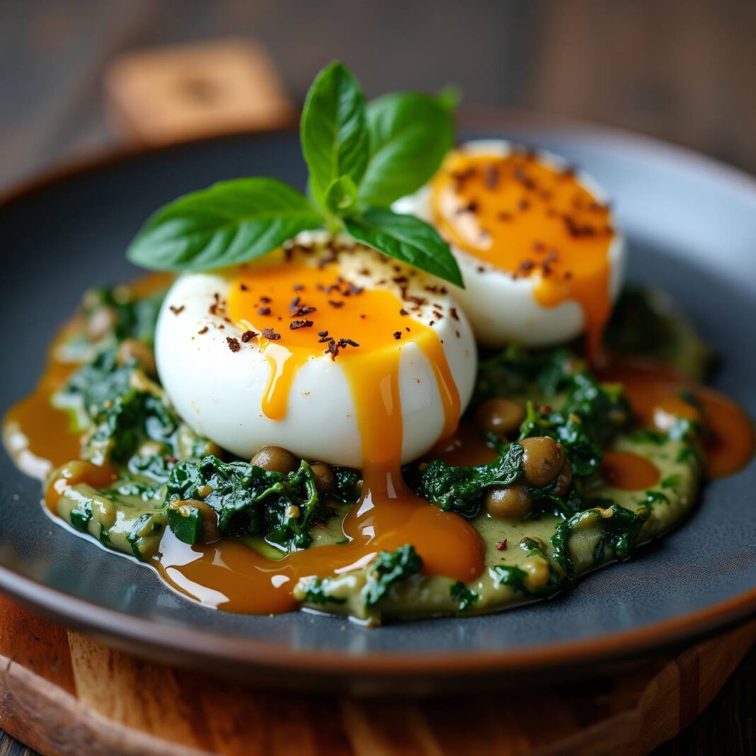 Pochierte Eier an Morcheljus auf Kresse-Obersspinat Rezept Pochierte Eier an Morcheljus auf Kresse-Obersspinat Rezept