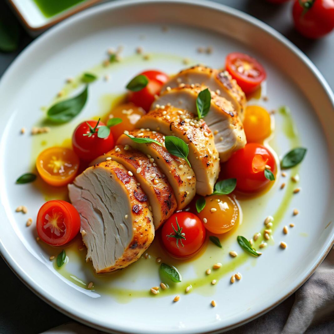 Pochierte Hühnerbrust auf Wasabi-Tomaten Rezept Pochierte Hühnerbrust auf Wasabi-Tomaten Rezept