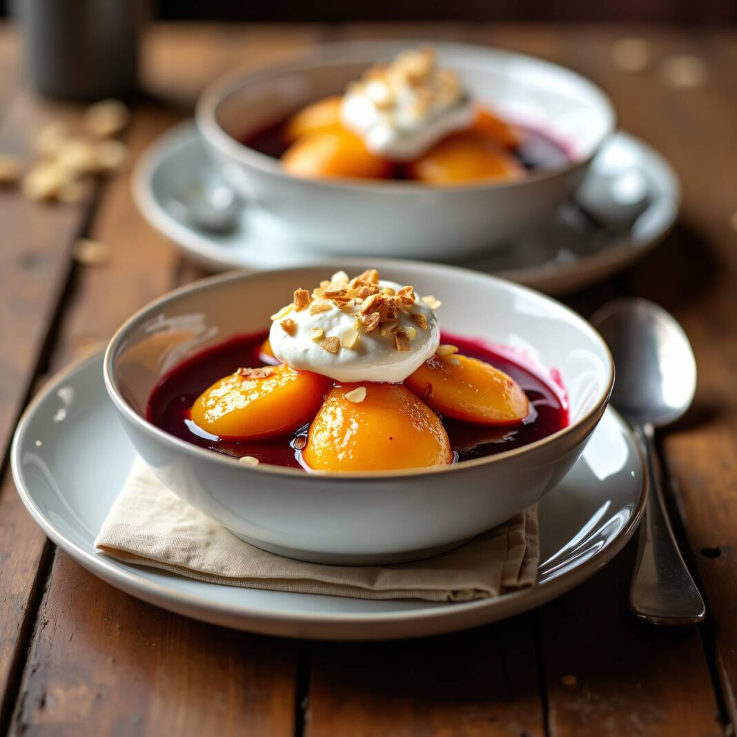 Pochierte Pfirsiche mit Mandel-Crème fraîche Rezept Pochierte Pfirsiche mit Mandel-Crème fraîche Rezept